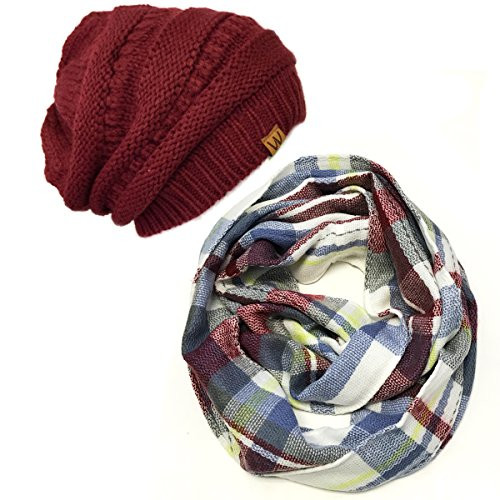 Bowbear Tartan Winter Infinity Scarf with Beanie- Gray/Burgundy Plus Wine Red