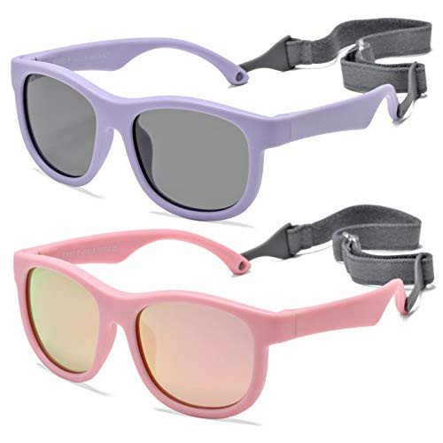 Flexible Polarized Baby Sunglasses with Adjustable Strap for Toddler Newborn Infant Age 0-24 Months- 100 percent UV Protection -Pink/Pink Mirrored Plus Purple/Gray- - 2 Pack