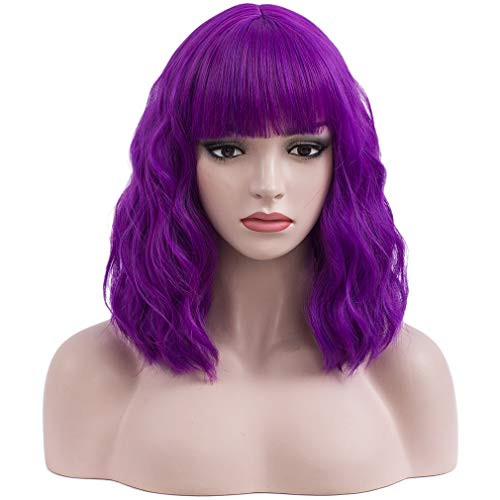 BERON 14inch Womens Short Curly Wavy Wig with Bangs Synthetic Party Halloween Wigs Wig Cap Included -Dark Purple-