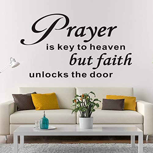 AnFigure Quote Wall Decals- Christian Wall Decal- Scripture Bible Verse Religious Biblical Prayer Faith Church Home Art Decor Vinyl Stickers Prayer is Key to Heaven but Faith unlocks The Door 28inchX16inch