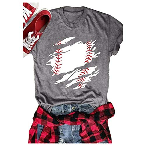 Chulianyouhuo Women Baseball Mom T-Shirts Letter Printed O-Neck Short Sleeves Casual Top Tees Size M -Gray-