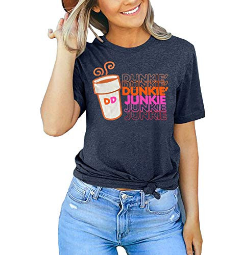 Dunkie Junkie Coffee T-Shirt Women Funny Letter Print Casual Short Sleeve Tee Tops -Blue- Medium-