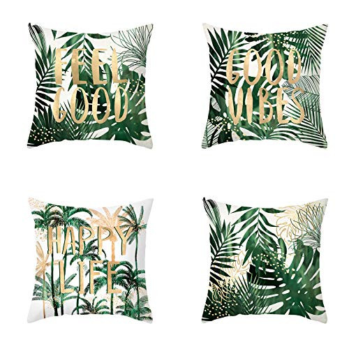 Green Tropical Palm Leaves Throw Pillow Covers Set of 4 Tropical Leaves Decoration 18x18 Inches Leaves Throw Pillow Covers for Sofa Couch Home Decoration