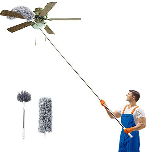 Onlyoung Long Duster with Extension Pole 30-100-Stainless Steel-- Ceiling Fan Duster for Cleaning with 2 Replacement Heads- Extendable Dusters for Cleaning Furniture- Blinds- Vents- Cars