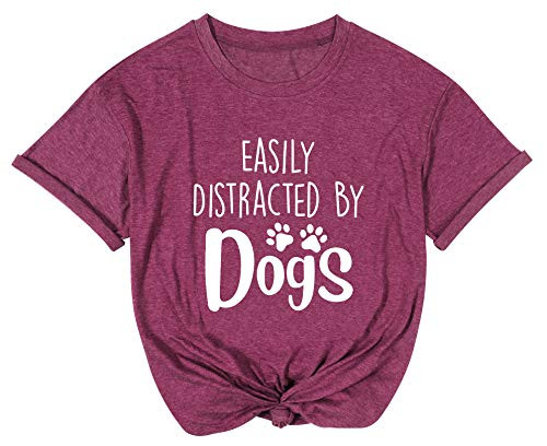 Dog Mom Shirts Women Funny Easily Distracted by Dogs Letter Printed Tshirt Puppy Paw Graphic Tee Tops Purple