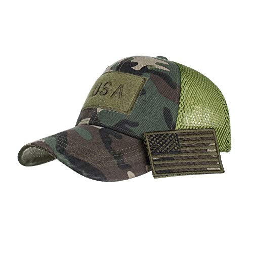 Tactical Operator Cap Camouflage Trucker Mesh Hat with USA Flag Patch Stitching -Army Green-