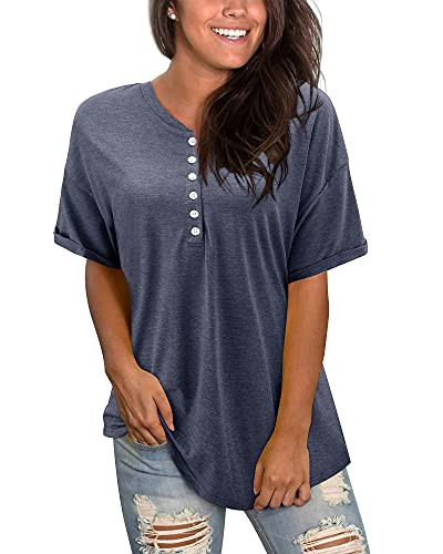 OUGES Womens Short Sleeve Button Down Casual Tops V Neck Loose Blouse Henley T Shirt?Gray Blue-M