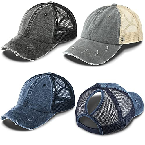 Yahenda 3 Pieces Women Washed Distressed High Ponytail Baseball Cap Adjustable Mesh Trucker Baseball Cap High Bun Adjustable Plain Trucker Dad Hat Washed High Messy Bun Baseball Hat