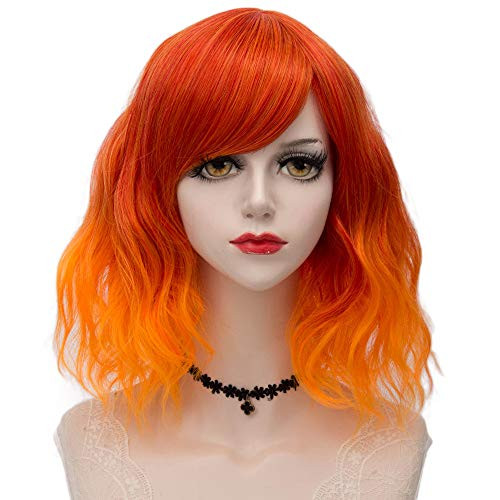 Short Bob Wig with Bangs Cosplay Lolita Wavy Harajuku Synthetic Hair For Women Girls Costume-Ombre Orange-