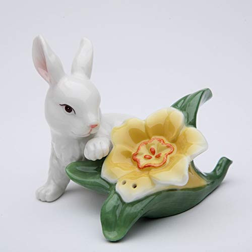 Fine Ceramic White Bunny Rabbit with Yellow Narcissus Flower Salt  and  Pepper Shakers Set- 3-5/8inch H