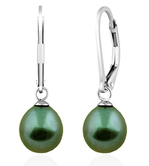 Splendid Pearls 925 Sterling Silver 8mm Genuine Pearls Freshwater Cultured Lever-back Dangling Earrings for Women -Green-