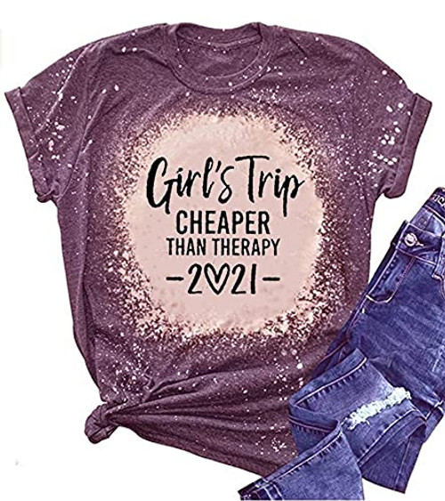 Girls Trip Cheaper Than Therapy 2021 T-Shirt Women Hiking Shirts Letter Print Graphic Casual Vacation Tops Tees -Purple-01- Medium-
