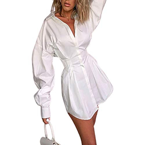 RONGW Women Sexy Shirt Dress Long Sleeve Casual Button Down Shirt V Neck Belted Blouse Shirt Dress -White- M-