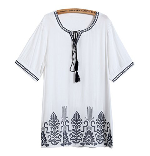 Kafeimali Women's Embroidered Short Sleeve T-Shirt Peasant Tops Mexican Blouses -White-