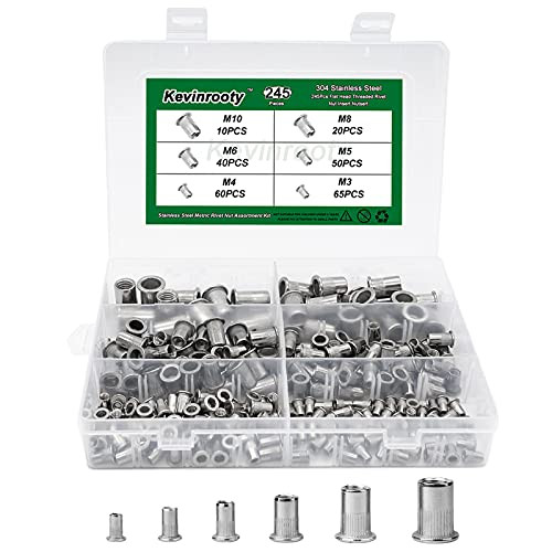 Kevinrooty 245PCS 304 Stainless Steel Rivet Nut Assort Set- 6 Sizes Flat Head Threaded Rivet nut Insert Nutserts Assortment Kit - M3 M4 M5 M6 M8 M10