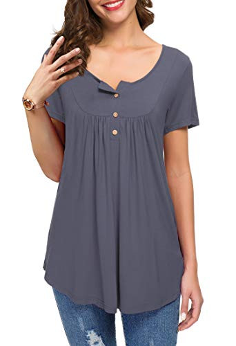 KOAIZ Womens Shirts Casual Tee Shirts V Neck Short Sleeve Button Up Loose Tunic Tops Blouses Purple Gray-L