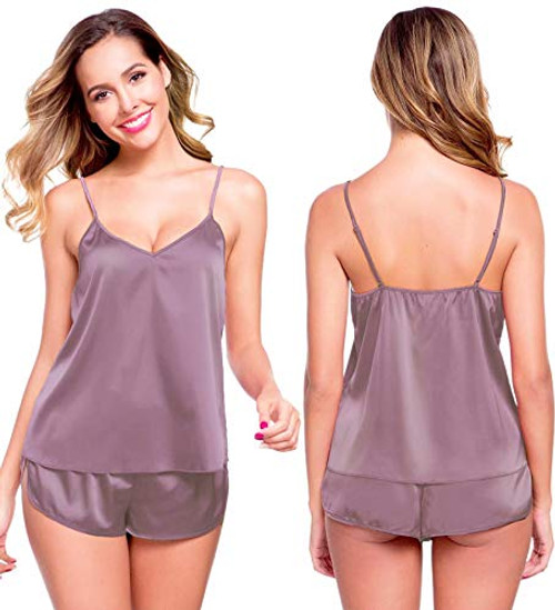 SWOMOG Womens Sexy Lingerie Silk Satin Pajamas Cami Shorts Set Sleepwear Light Purple