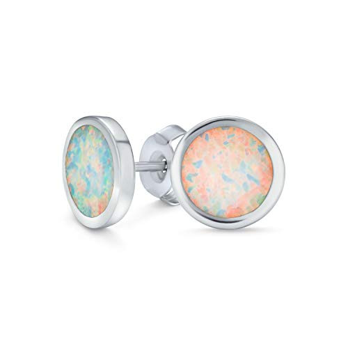 Created White Opal Round Bezel Set Stud Earrings For Women 925 Sterling Silver 6MM October Birthstone