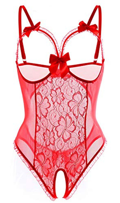 Lingerie for Women One-Piece Teddy Lingerie Sexy Bodysuit Lace Nightie -Red- L-