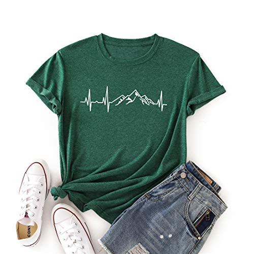 NIHONGR Women Mountain Heartbeat T-Shirt Mountain Hiking Tee Camping Travel Shirt Short Sleeve Casual Top Shirt -Dark Green-
