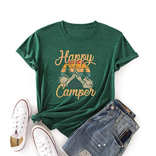 NIHONGR Women Happy Camper T-Shirt Funny Cute Graphic Tee Girl Tee Shirt Short Sleeve Casual Top Shirt-Dark Green- NIHONGR Women Happy Camper T-Shirt Funny Cute Graphic Tee Girl Tee Shirt Short Sleeve Casual Top Shirt-Dark Green-