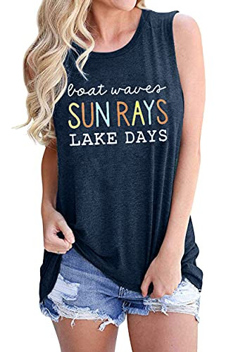 Lake Shirts Women Boat Waves Sun Rays T Shirt Funny Lake Days Tee Summer Vacation Short Sleeve Top -Darkblue- M-
