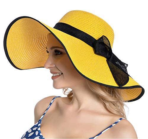Muryobao Womens Sun Straw Hat Wide Brim UV UPF 50 Summer Hat Foldable Roll up Floppy Beach Cap for Women Yellow Muryobao Womens Sun Straw Hat Wide Brim UV UPF 50 Summer Hat Foldable Roll up Floppy Beach Cap for Women Yellow