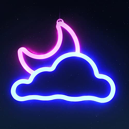 MEETI Cloud  and  Moon Neon Signs- Hanging LED Neon Decorative Lights- Neon Wall Lights- Battery or USB Powered Light Up Neon Sign for Bedroom- Kids Room- Living Room- Bar- Party- Christmas- Wedding