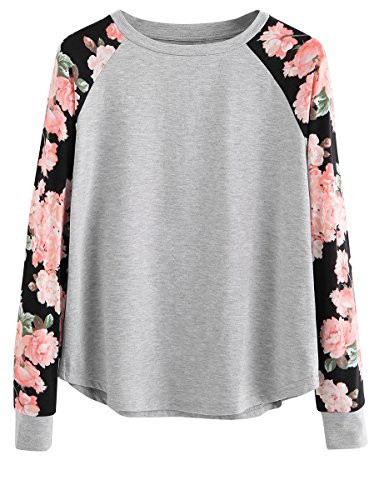 Romwe Women's Long Sleeve Top Casual Floral Print T-Shirt Tee Grey XL