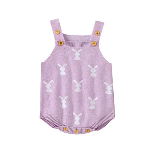 Baby Girl Boy Easter Bunny Romper Sleeveless Knitted Bodysuit Jumpsuit My 1st Easter Outfit Cute Clothes -Rabbit Onesie- Purple-12-18 Months-