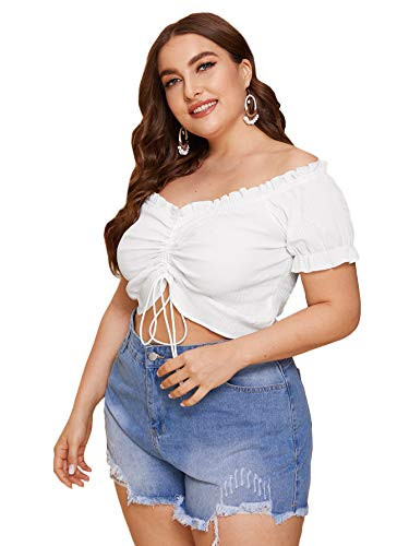 Romwe Women's Plus Size Off The Shoulder Short Sleeve Ruched Knot Front Crop Tops Blouse White 3XL