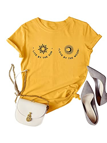 Romwe Women's Graphic Print Short Sleeve T Shirt Round Neck Summer Basic Tee Tops Yellow L