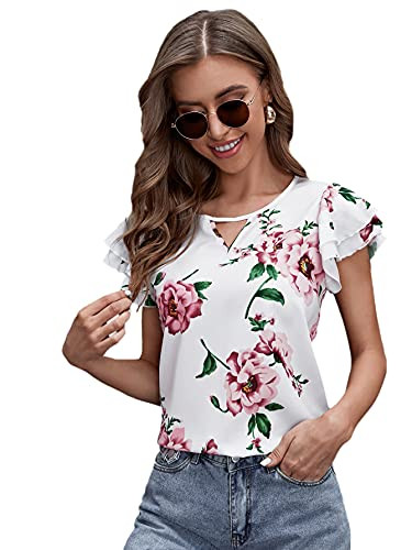 Romwe Women's Boho Floral Flutter Short Sleeve Keyhole Neck Blouse Tops Shirts White M