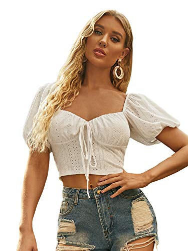 Romwe Women's Puff Short Sleeve Ruched Bust Knot Front Milkmaid Crop Tops Blouse White L