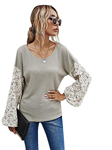 Romwe Women's Waffle Knit Shirts Floral Lantern Long Sleeve Loose Blouse Tops Grey L
