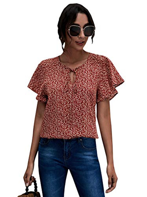 SOLY HUX Women's Ditsy Floral Print Ruffle Short Sleeve Tie Neck Blouse Tops Burgundy M SOLY HUX Women's Ditsy Floral Print Ruffle Short Sleeve Tie Neck Blouse Tops Burgundy M