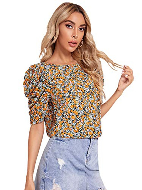 SOLY HUX Women's Ditsy Floral Print Puff Short Sleeve Top Blouse Yellow Flower M SOLY HUX Women's Ditsy Floral Print Puff Short Sleeve Top Blouse Yellow Flower M