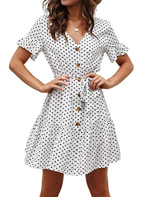 DENNICCI Womens Button Down Polka Dot Dress V Neck Ruffle Hem High Waist Swing Mini Dress with Belt White