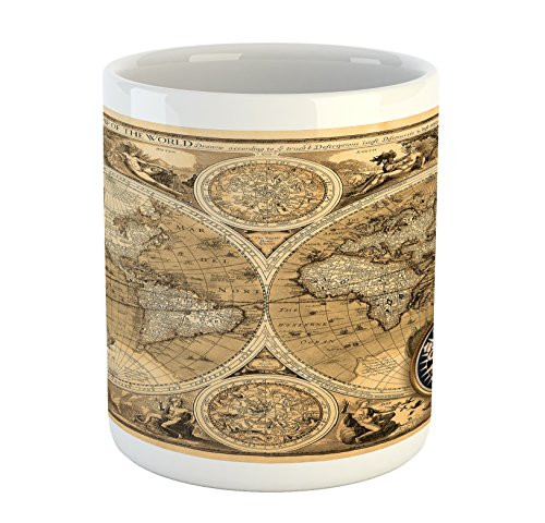 Lunarable World Map Mug- Old Chart with Countries Oceans Continents Atlas Nostalgic Antique Image- Printed Ceramic Coffee Mug Water Tea Drinks Cup- Sand Brown Umber