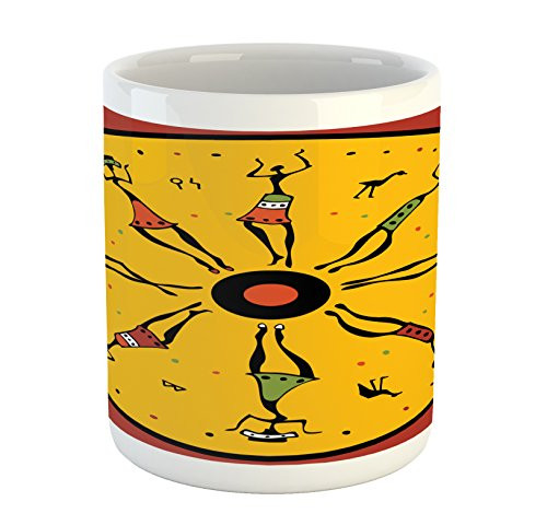 Lunarable African Mug- Circular Geometric Chart with Dancers Inside Hippie Boho Pattern- Printed Ceramic Coffee Mug Water Tea Drinks Cup- Ruby Earth Yellow