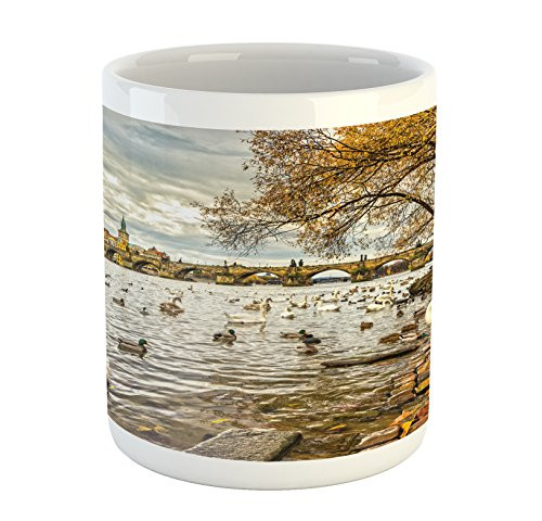 Ambesonne Landscape Mug- Prague Charles Bridge Old Town Czech Republic Riverside Scenic View with Swans- Ceramic Coffee Mug Cup for Water Tea Drinks- 11 oz- Yellow Green