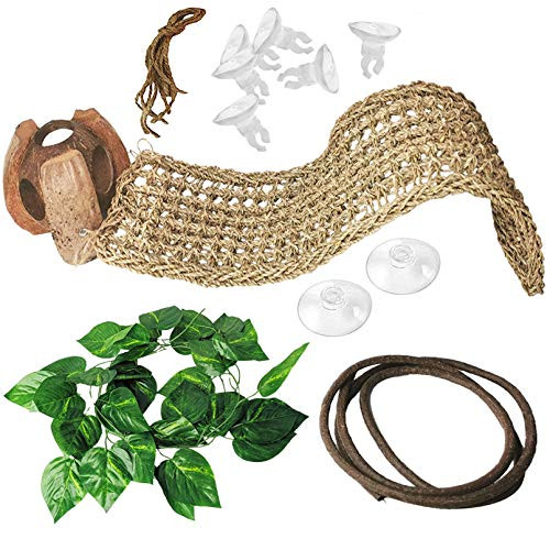 PINVNBY Bearded Dragon Hammock Accessories Lizards Coconut Shell Hideouts Reptile Jungle Climber Vines Flexible Leaves Habitat Decor with Suction Cups for Chameleon Gecko Climbing