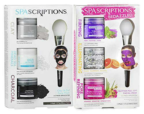 Spascriptions Facial Mask Variety Kits- Skincare Glitter Peel Off Masks Skin Care Benefits of Firming- Illuminating-  and  Pore Refining and Charcoal- Clay and Dead Sea Wash off Mask Kit w/Applicator