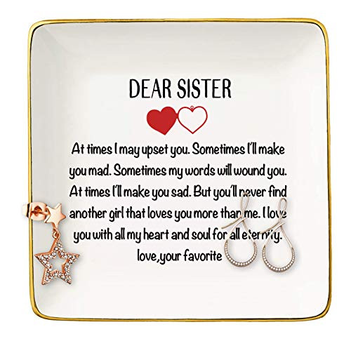 Dear Sister - Ceramic Jewelry Holder Ring Dish Trinket Tray  Christmas Birthday Graduation Gifts for Sister- Soul Sister- Sister in Law-Best Friend-BFF