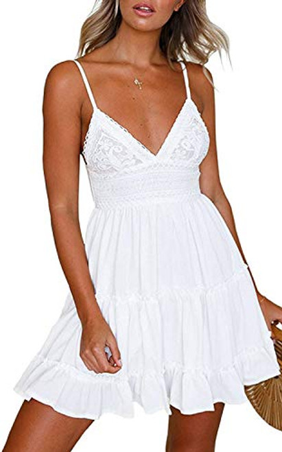 TSMNZMU Womens V-Neck Spaghetti Strap Bowknot Backless Sleeveless Lace Mini Swing Skater Dress Beach Holiday Party Wear White 2XL TSMNZMU Womens V-Neck Spaghetti Strap Bowknot Backless Sleeveless Lace Mini Swing Skater Dress Beach Holiday Party Wear White 2XL