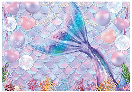Funnytree 7x5ft Mermaid Tail Party Backdrop Baby Girls Birthday Photography Background Pink Purple Summer Under The Sea Princess Scales Balloons Kids Shower Cake Table Decorations Banner Supplies