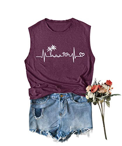 HDLTE Women Beach Vacation Muscle Tank Top Heartbeat Graphic Summer Casual Sleeveless Tshirt Tee -Purple- M-