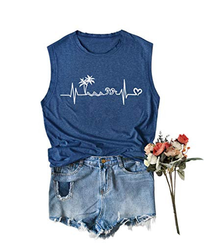 Women Beach Vacation Muscle Tank Top Heartbeat Graphic Mountain Casual Sleeveless Tshirt Tee -L- Blue