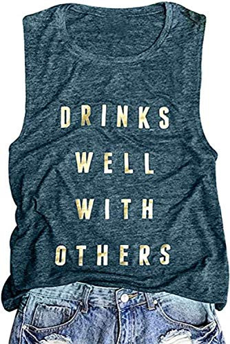 Women Funny Drinking Tank Drinks Well with Others Tank Top Sleeveless Casual Drink Alcohol Tees Shirt Tanks Green