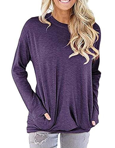 Women's Long Sleeve Round Neck Casual Blouse with Pocket Solid Color Sweatshirt Pullover Loose Tunic Tops T Shirt -XL- Purple-